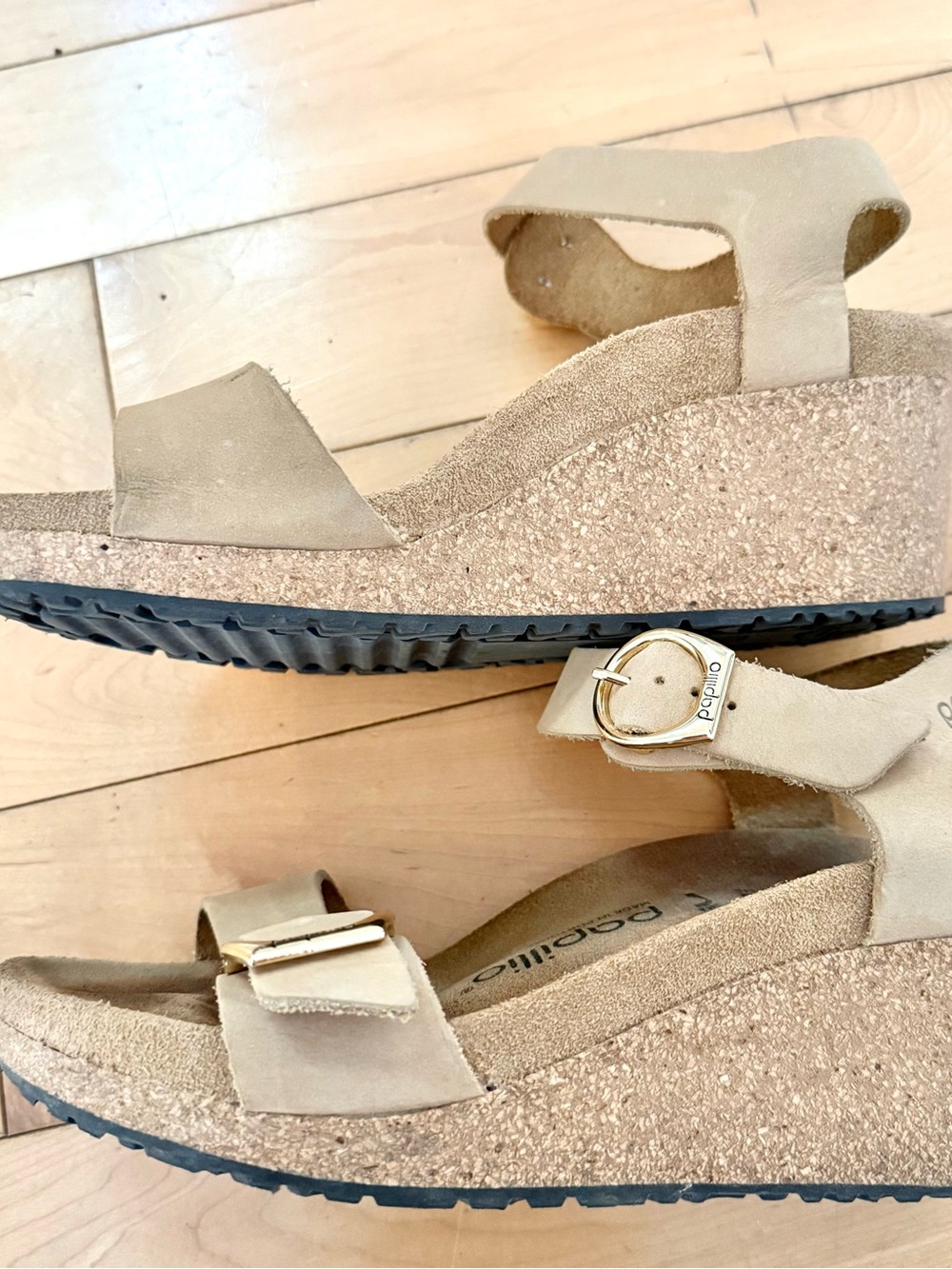 Birkenstock Tan Suede Wedge Sandals with Gold Buckles